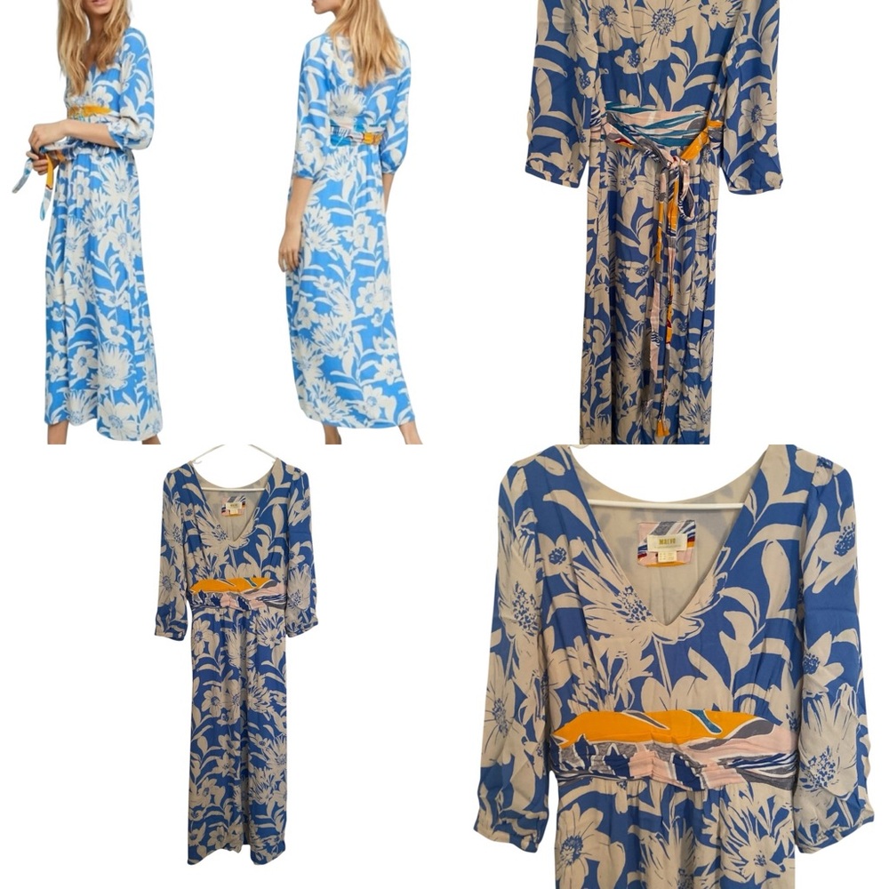 Anthropologie Blue and Cream Floral Maxi Dress with Yellow Accent
